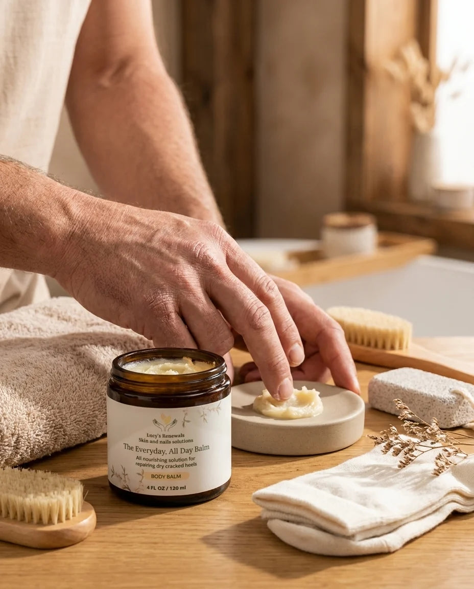 A jar of The Everyday, All Day Balm on a wooden counter with a towel, brushes and cotton socks