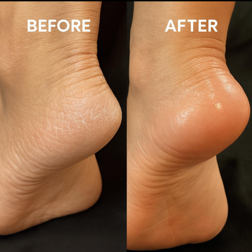 Customer-shared before and after photographs of the same dry heel