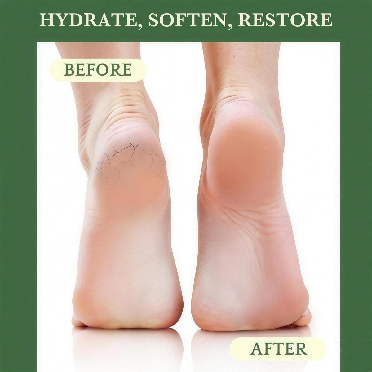 Bare feet shown before and after applying the balm to dry heels