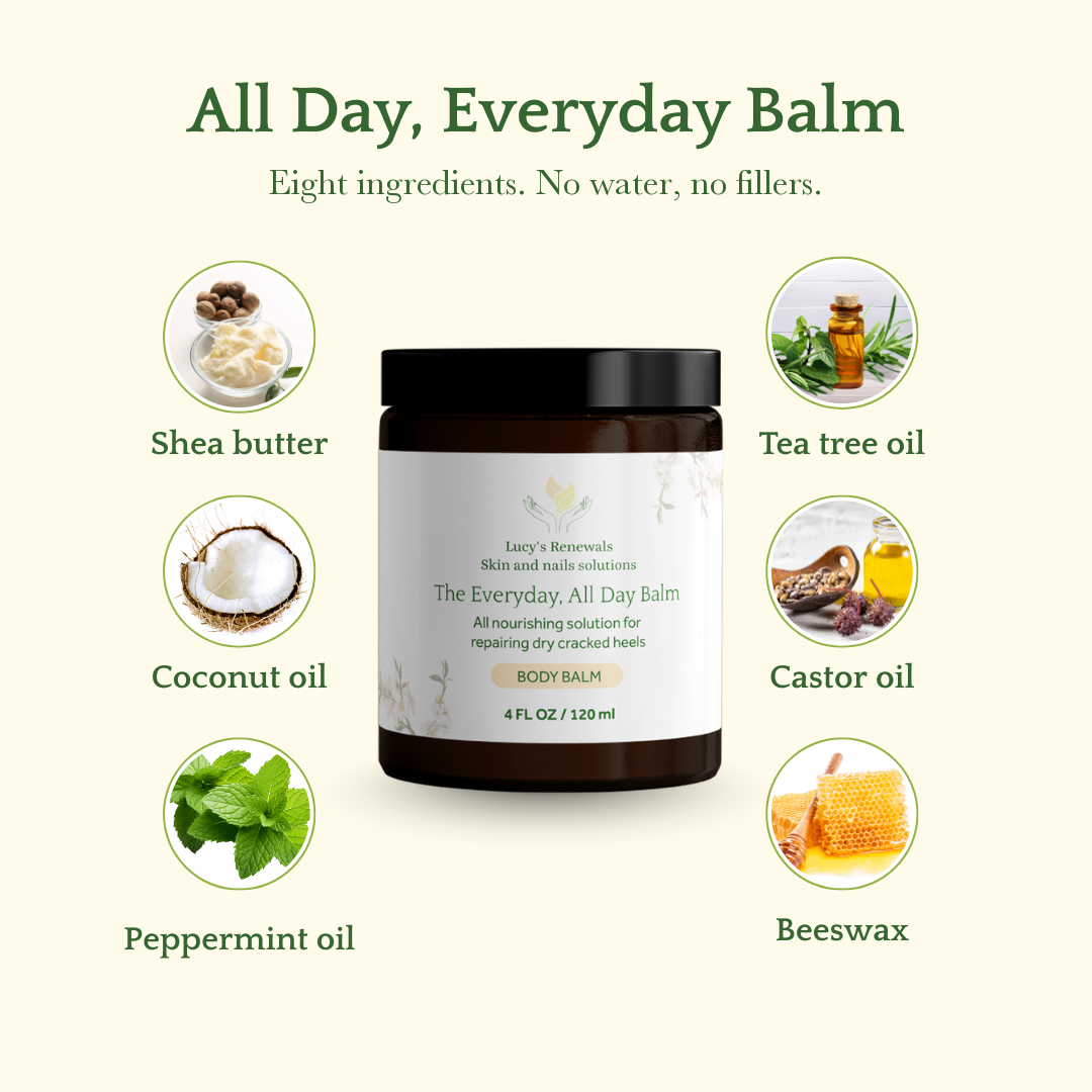 All eight ingredients in the balm, from shea butter to beeswax